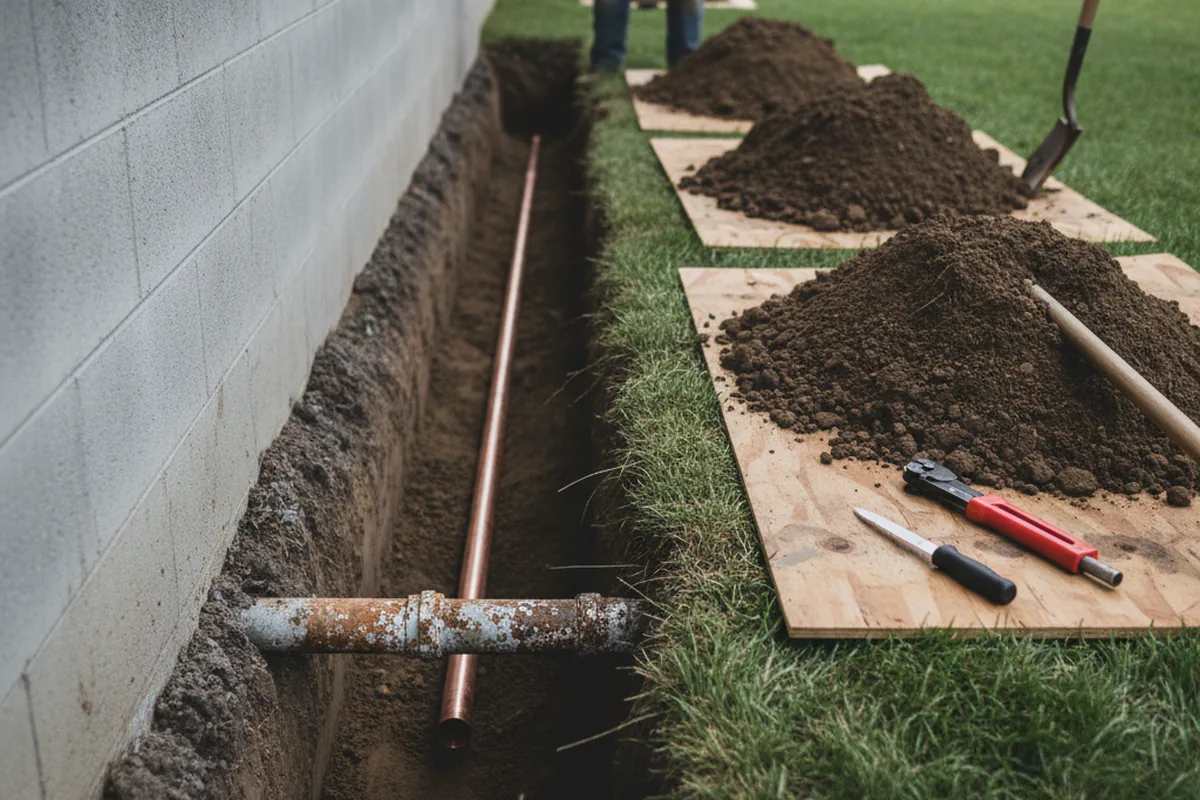 Excavated water line trench during Sewer Line Repair in Chappells